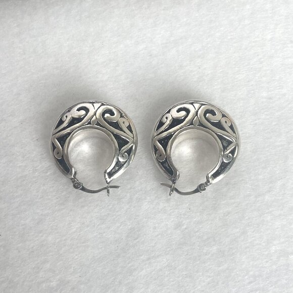 Sterling Silver 925 1" Scrollwork Bali Style Chunky Hoop Earrings Hinged Post - Picture 7 of 16